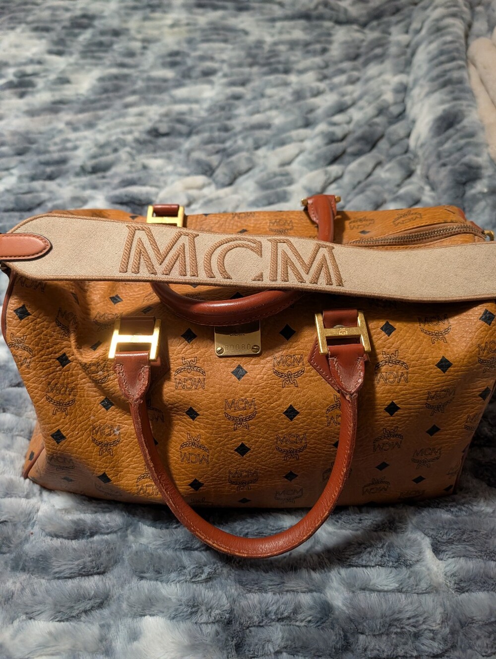 MCM Cognac Visetos Duffel with Beige Logo Strap